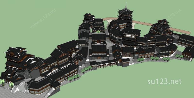 中式古城区古建筑古镇模型塔楼suuSU模型下载草图大师sketchup模型