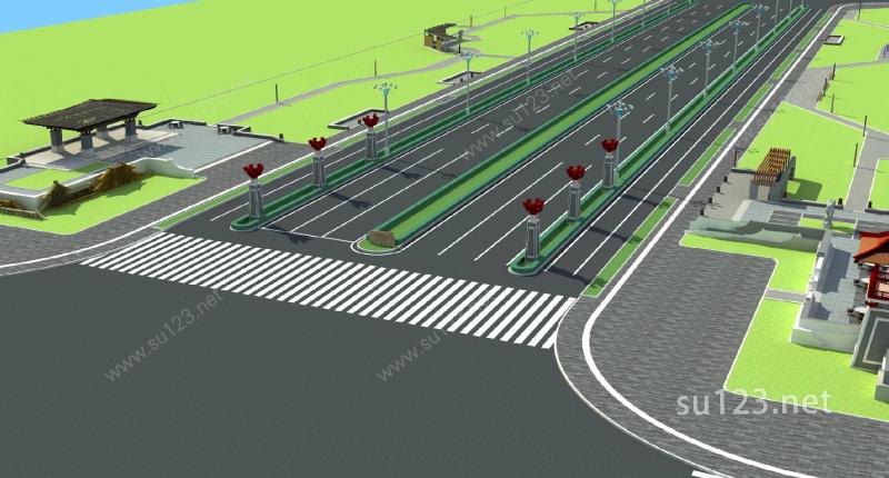 中式道路绿化景观设计方案（超精细）SU模型下载草图大师sketchup模型