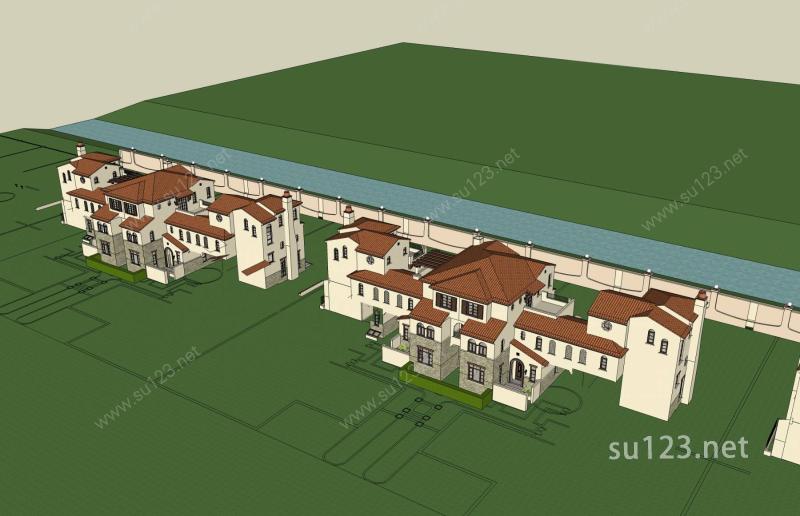 西班牙风格联排别墅SU模型下载草图大师sketchup模型