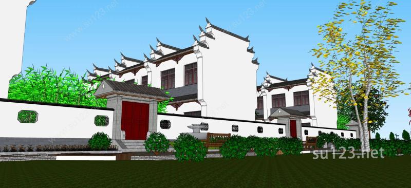 新中式风格联排别墅SU模型下载草图大师sketchup模型