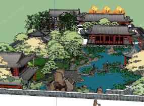 中式风格荷塘 庭院景观SU模型