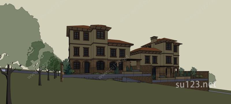 西班牙风格山地独栋别墅SU模型下载草图大师sketchup模型