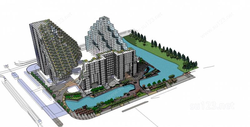 现代高层住宅带景观SU模型下载草图大师sketchup模型
