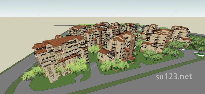 西班牙风格多层住宅小区SU模型下载草图大师sketchup模型
