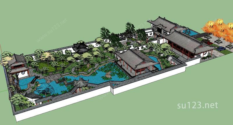 中式风格荷塘 庭院景观SU模型下载草图大师sketchup模型