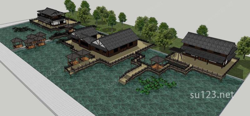 中式农家乐度假乡村旅馆SU模型下载草图大师sketchup模型