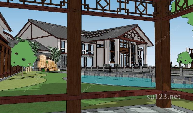 中式复古风格特色斜坡度假酒店建筑模型SU模型下载草图大师sketchup模型