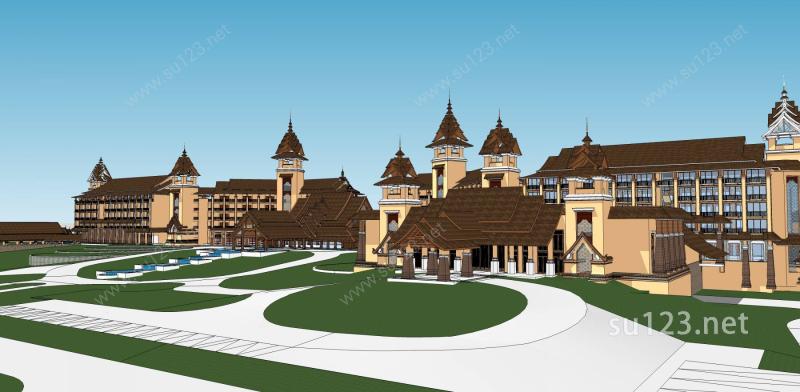 东南亚风格酒店建筑群酒店规划度假区规划su6SU模型下载草图大师sketchup模型