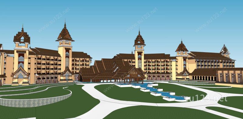 东南亚风格酒店建筑群酒店规划度假区规划su6SU模型下载草图大师sketchup模型