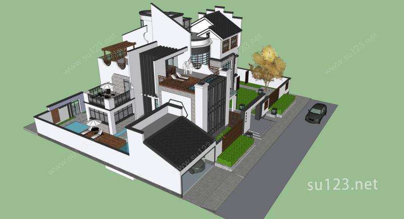 新中式别墅 SU+DWGSU模型下载草图大师sketchup模型