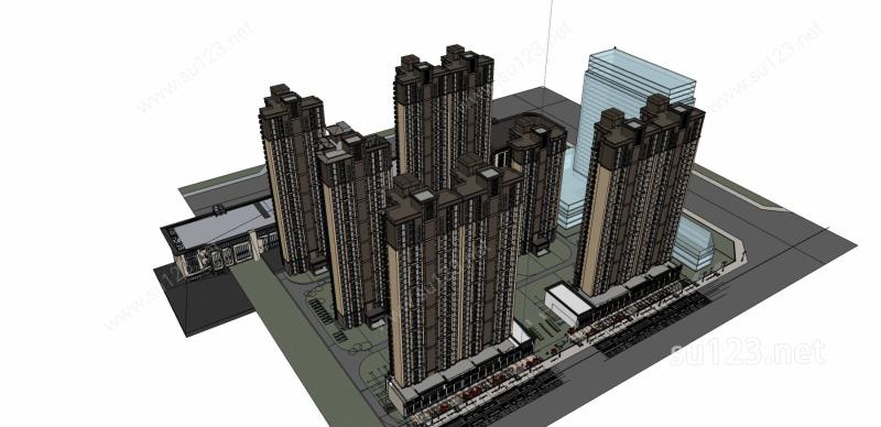 高层住宅及商业街SU模型下载草图大师sketchup模型