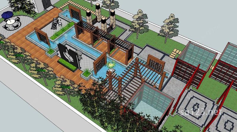 新中式会所屋顶花园景观SU模型