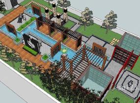 新中式会所屋顶花园景观SU模型