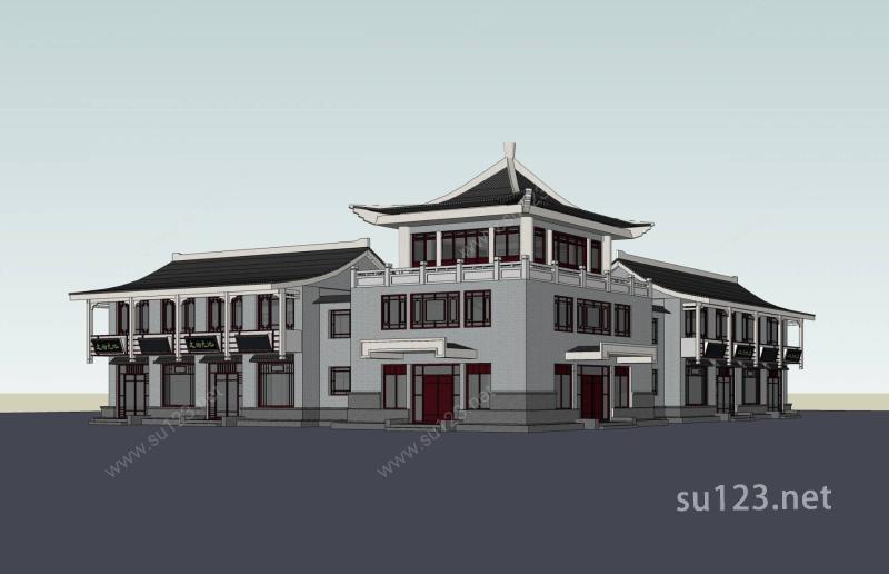 中式转角商业楼SU模型