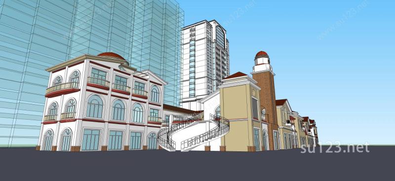 西班牙风格商业街酒店SU模型下载草图大师sketchup模型