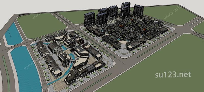 大型中式商业住宅规划SU模型下载草图大师sketchup模型