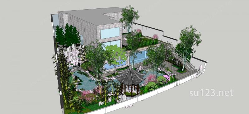 中式别墅庭院景观SU模型