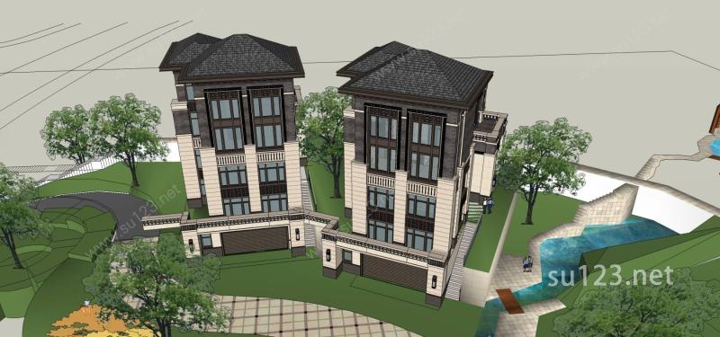 新中式风格独栋别墅SU模型下载草图大师sketchup模型