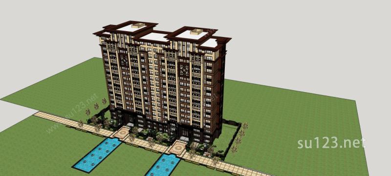 中式小高层住宅公寓SU模型下载草图大师sketchup模型