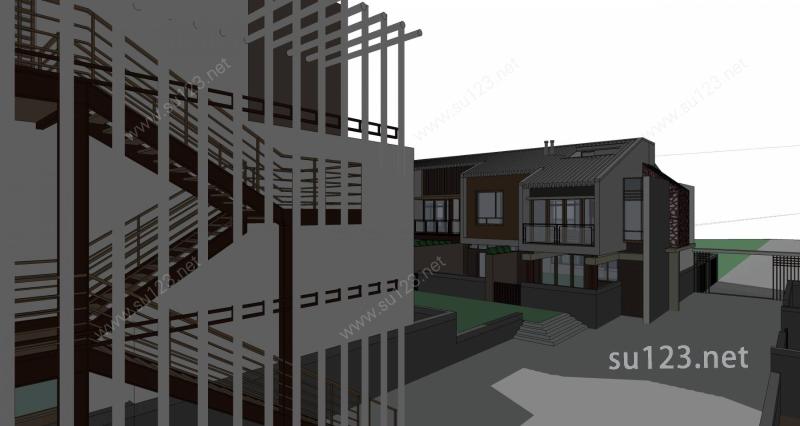 新亚洲风格合院别墅SU模型下载草图大师sketchup模型