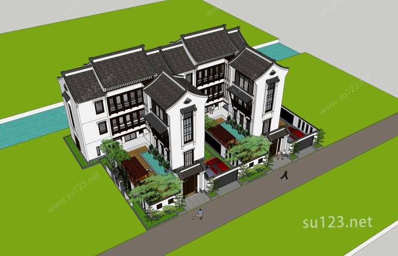 中式庭院别墅SU模型下载草图大师sketchup模型