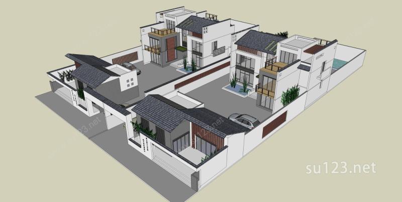 新中式独栋别墅SU模型下载草图大师sketchup模型