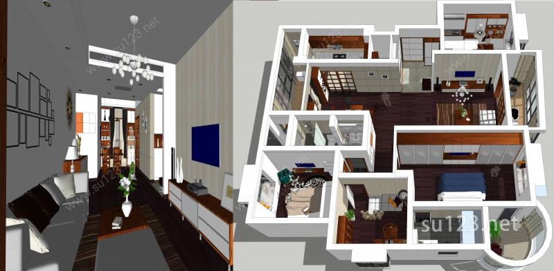 室内家装A+现代风格+日式+三室两厅+精致模型可渲染出图SU模型下载草图大师sketchup模型