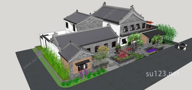 民宿建筑新农村农家乐中式建筑景观设计SU模型下载草图大师sketchup模型