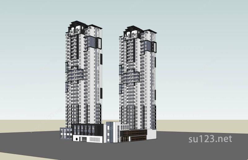 新中式高层商业住宅楼SU模型