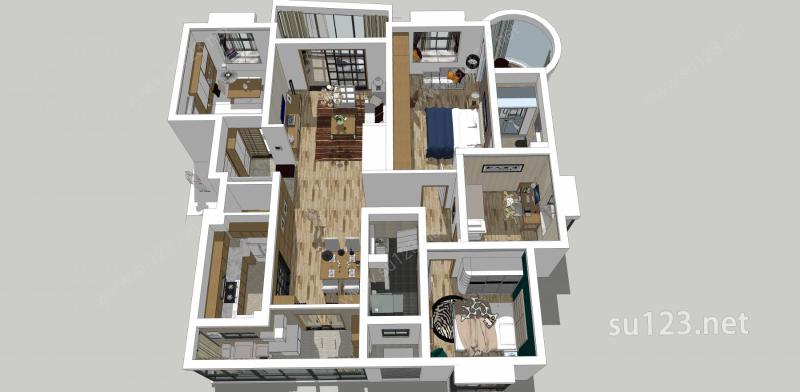 室内家装A+现代风格+日式+三室两厅+精致模型可渲染出图SU模型下载草图大师sketchup模型