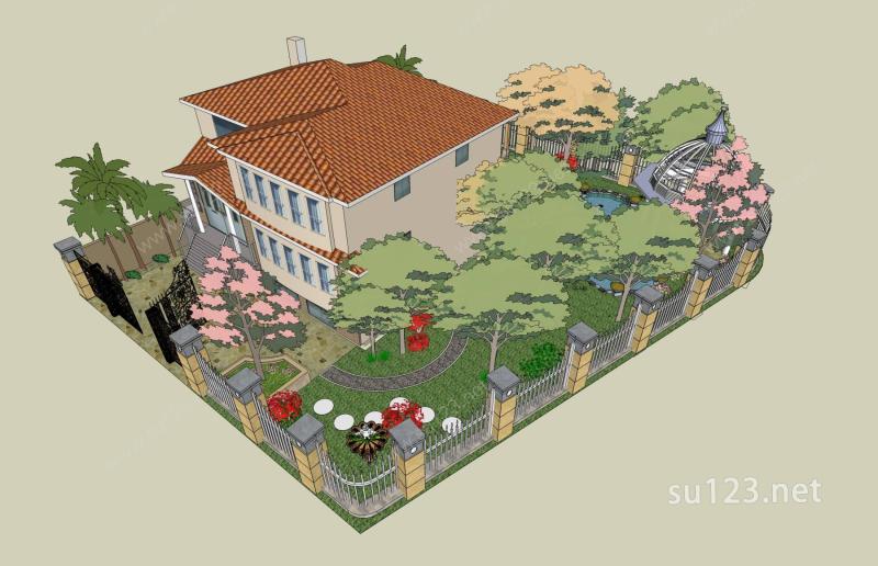 欧式别墅及庭院SU模型下载草图大师sketchup模型