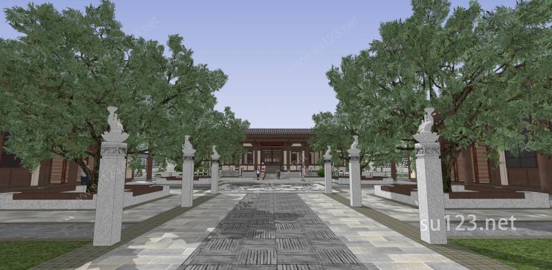 中式四合院禅院中式园林古建公园仿古建筑SU模型