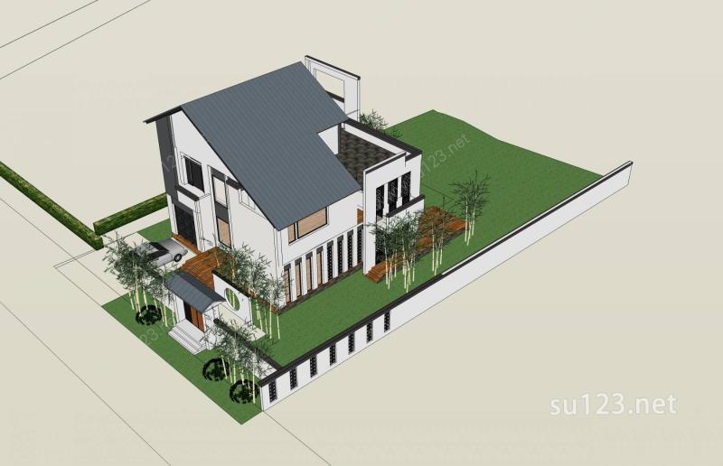 现代中式独栋别墅SU模型
