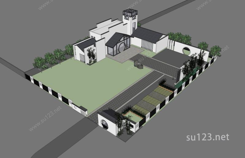 新中式独栋别墅及庭院SU模型