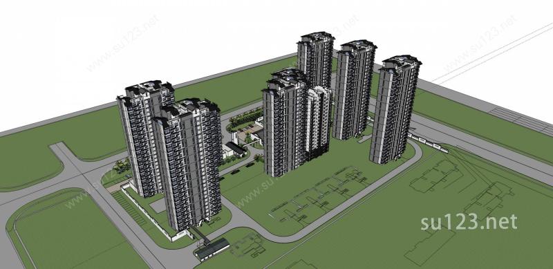 现代中式住宅小区SU模型下载草图大师sketchup模型