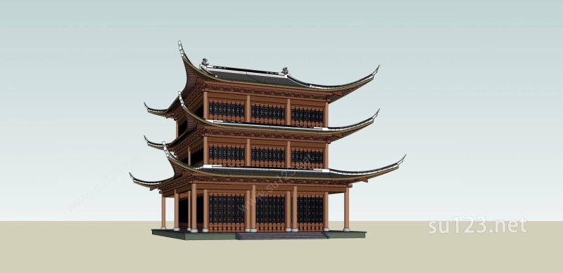 中式塔楼SU模型下载草图大师sketchup模型