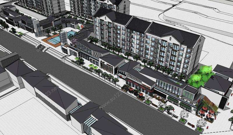 中式住宅小区及沿街商业建筑sketchup模型SU模型