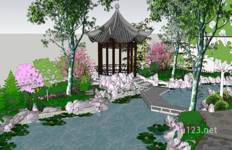 中式庭院景观SU模型下载草图大师sketchup模型