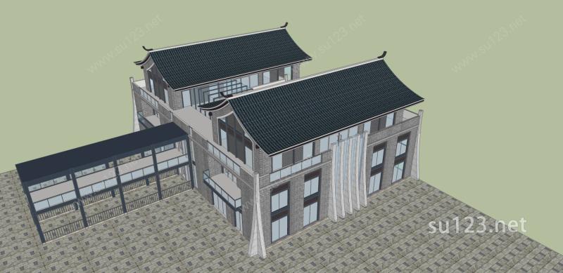 现代中式小办公楼SU模型下载草图大师sketchup模型