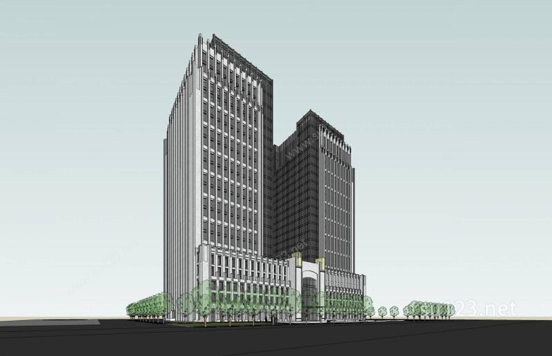 新古典双塔式商业办公大楼SU模型