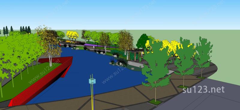河边公园景观SU模型下载草图大师sketchup模型