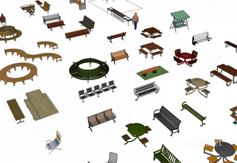 室外园林桌椅集合SU模型
