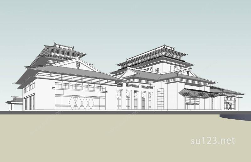 中式高层办公楼SU模型下载草图大师sketchup模型