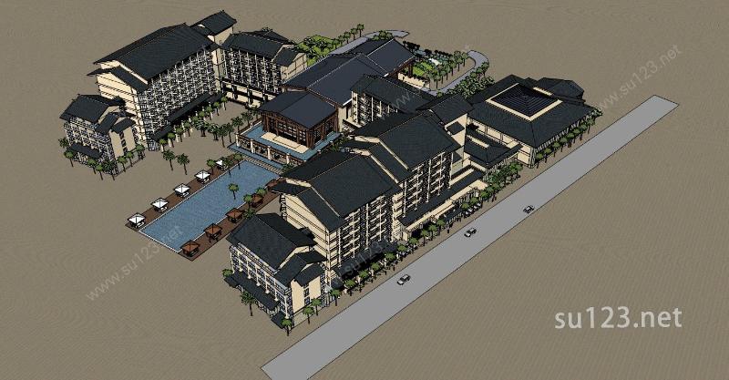东南亚风格大型酒店SU模型下载草图大师sketchup模型