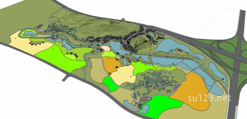 乡村规划新农村旅游规划农家乐湿地公园SU模型下载草图大师sketchup模型