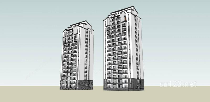 中式高层住宅楼SU模型下载草图大师sketchup模型