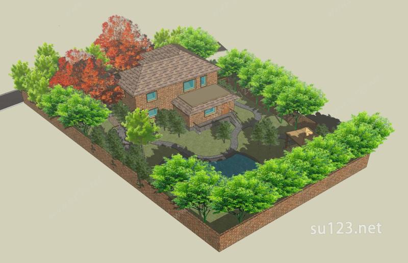中式独栋别墅及庭院景观SU模型