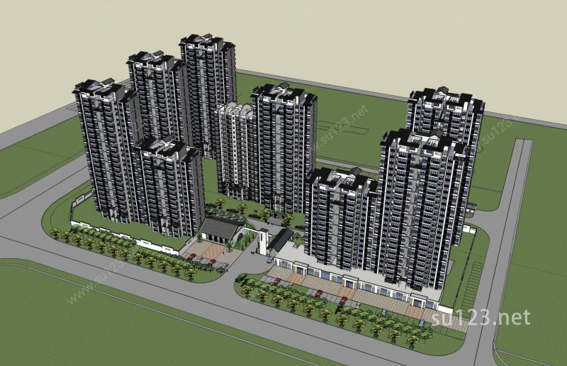 中式商业住宅小区SU模型下载草图大师sketchup模型