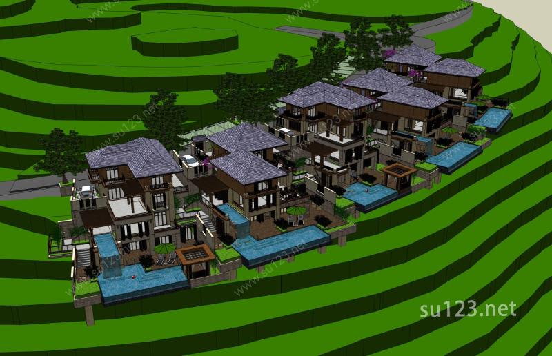 东南亚风格度假别墅群SU模型下载草图大师sketchup模型