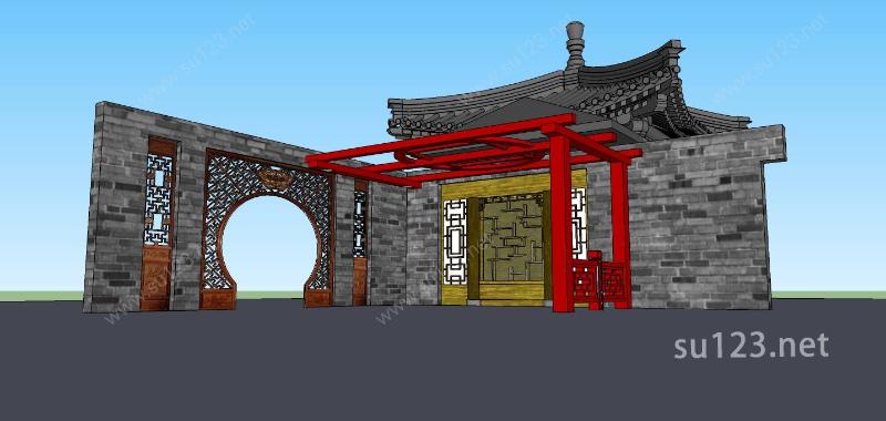 中式景观入口及亭SU模型